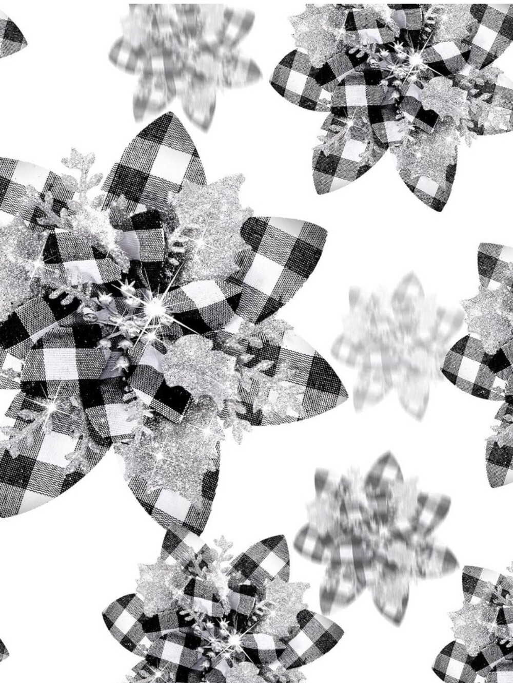 Black & White Buffalo Check Plaid Artificial Flowers With Clips, 20 Pc Set